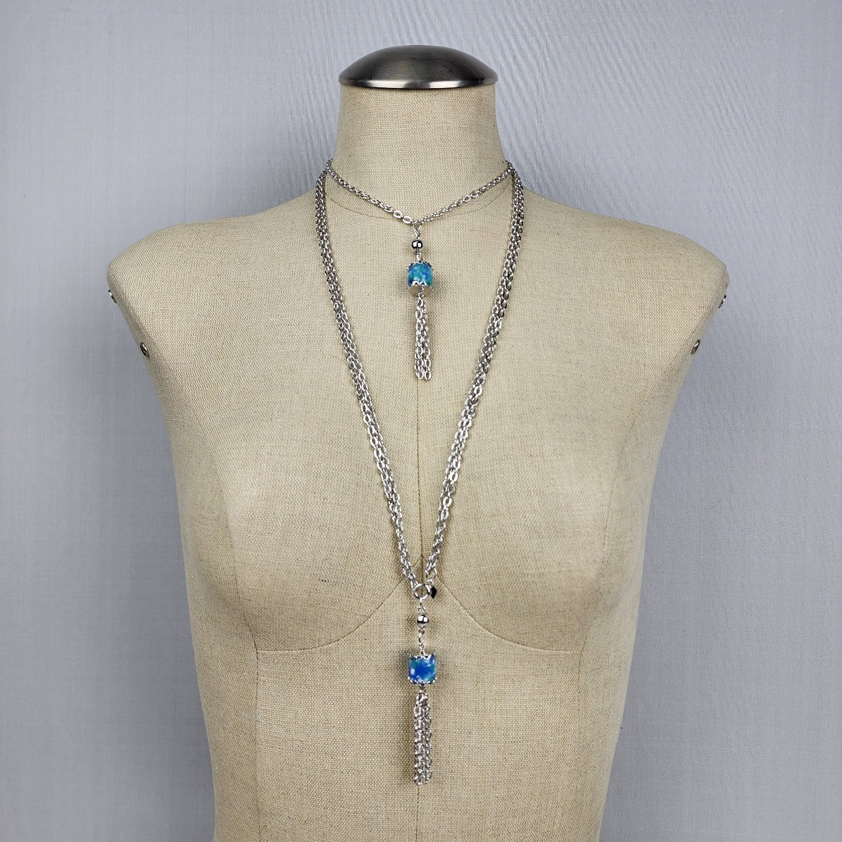 Vintage Sarah Coventry Silver Chain Blue Tassel Necklace 2 Pc