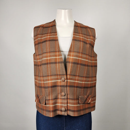 Highland Queen Brown Wool Plaid Vest Size M/L