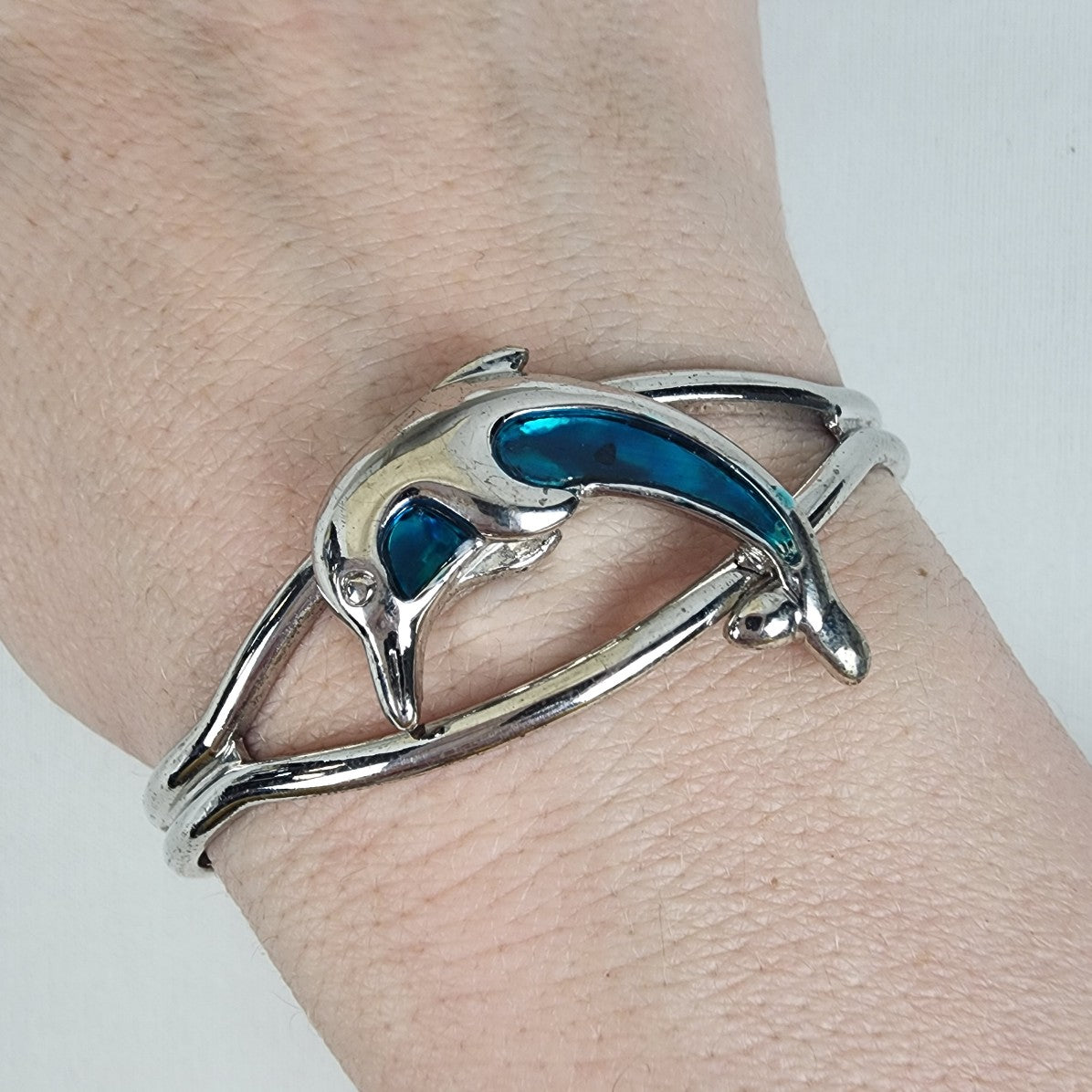 Silver Blue Dolphin Bangle Bracelet
