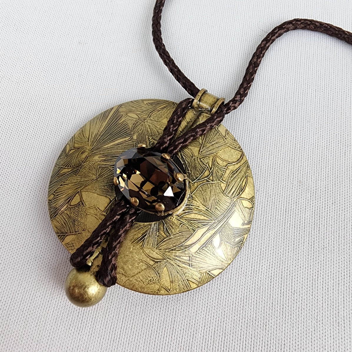 Vintage Etched Gold Stone Pendant Brown Cord Necklace