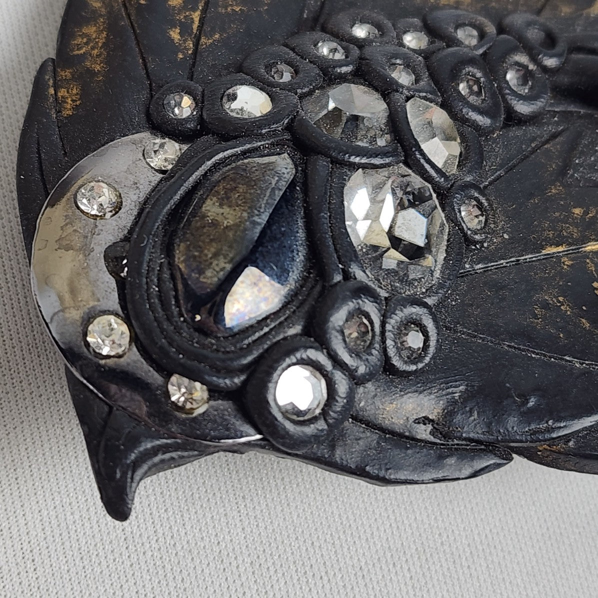 Vintage Black Bird Rhinestones Clay Brooch