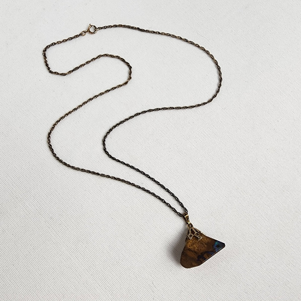 Vintage Natural Opal Brown Stone Pendant Black 925 Sterling Chain Necklace