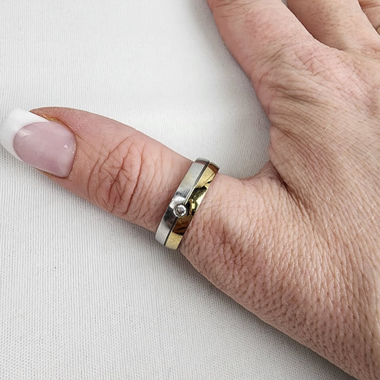 Stainless Steel Silver & Gold Tone Crystal Stud Ring