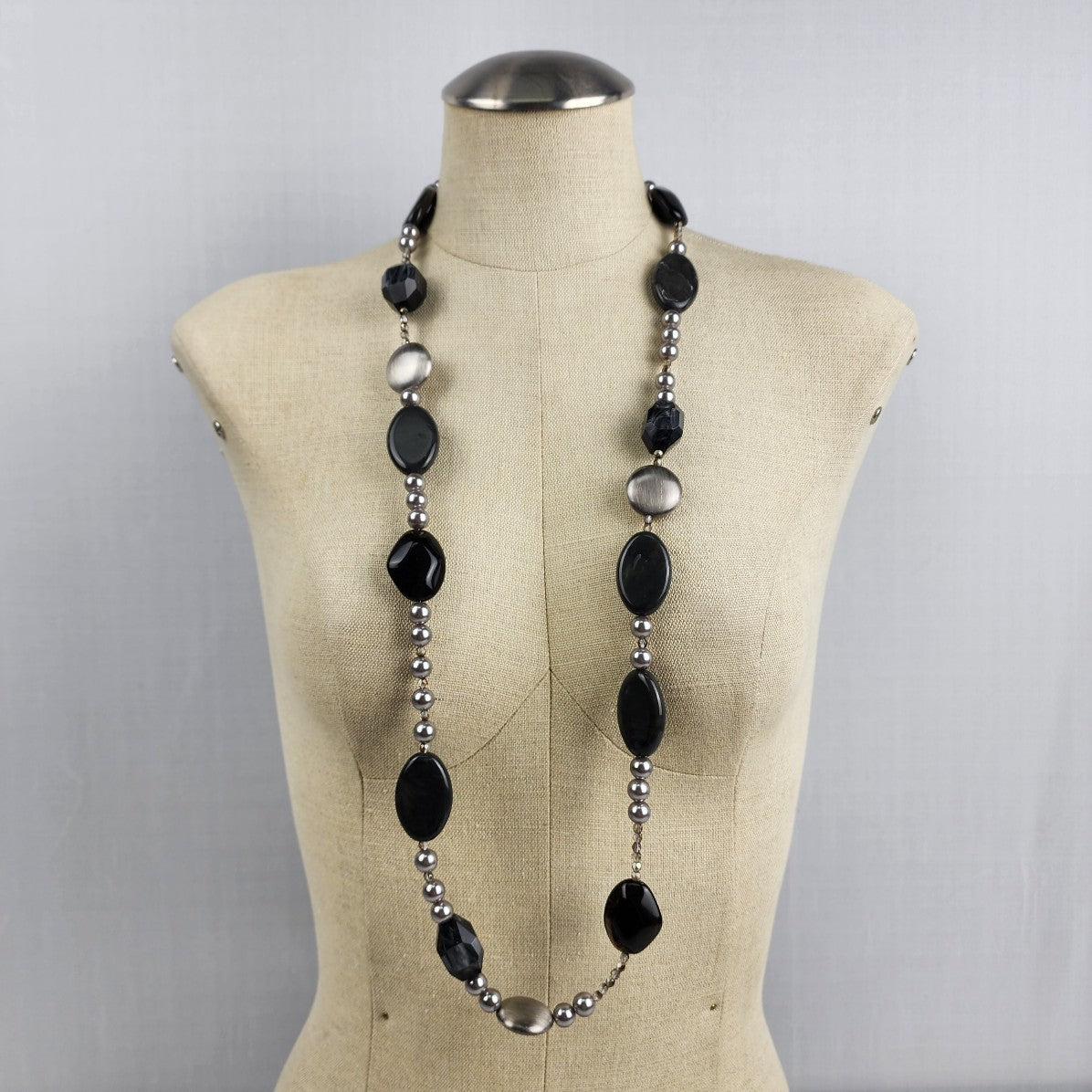 Dyrberg Kern Silver & Black Beaded Long Necklace