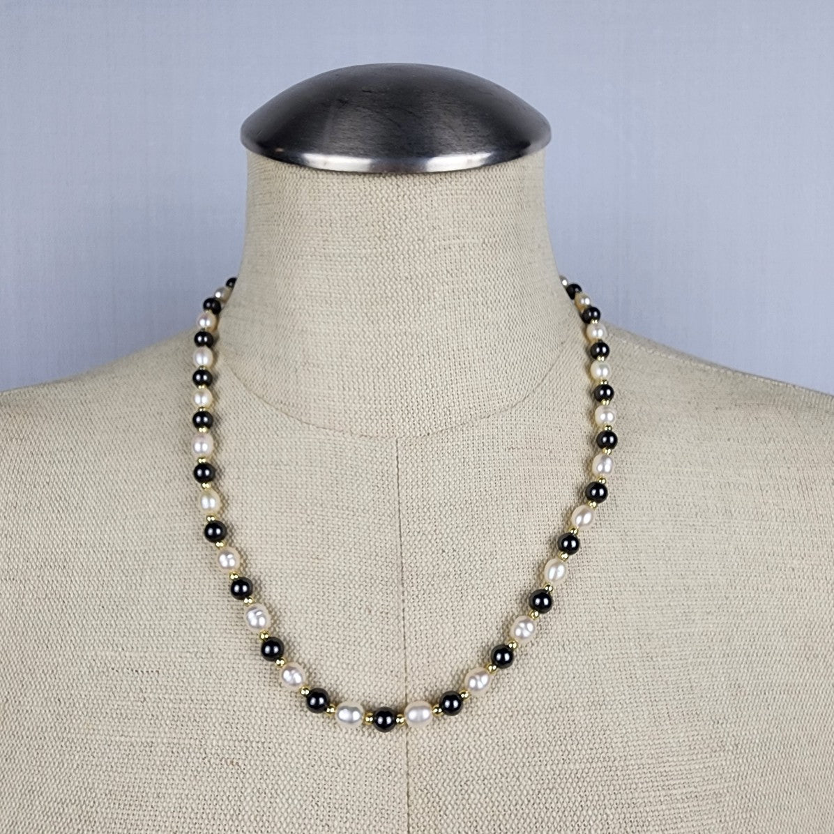 Gold Tone Black & White Freshwater Pearl Necklace