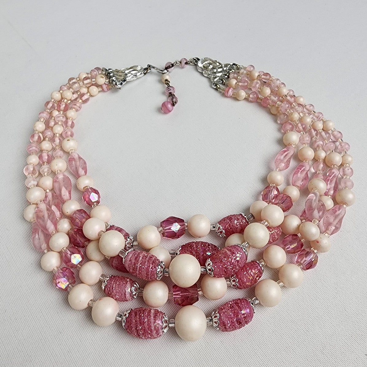 Vintage Pink & White Glass Beaded Layered Necklace