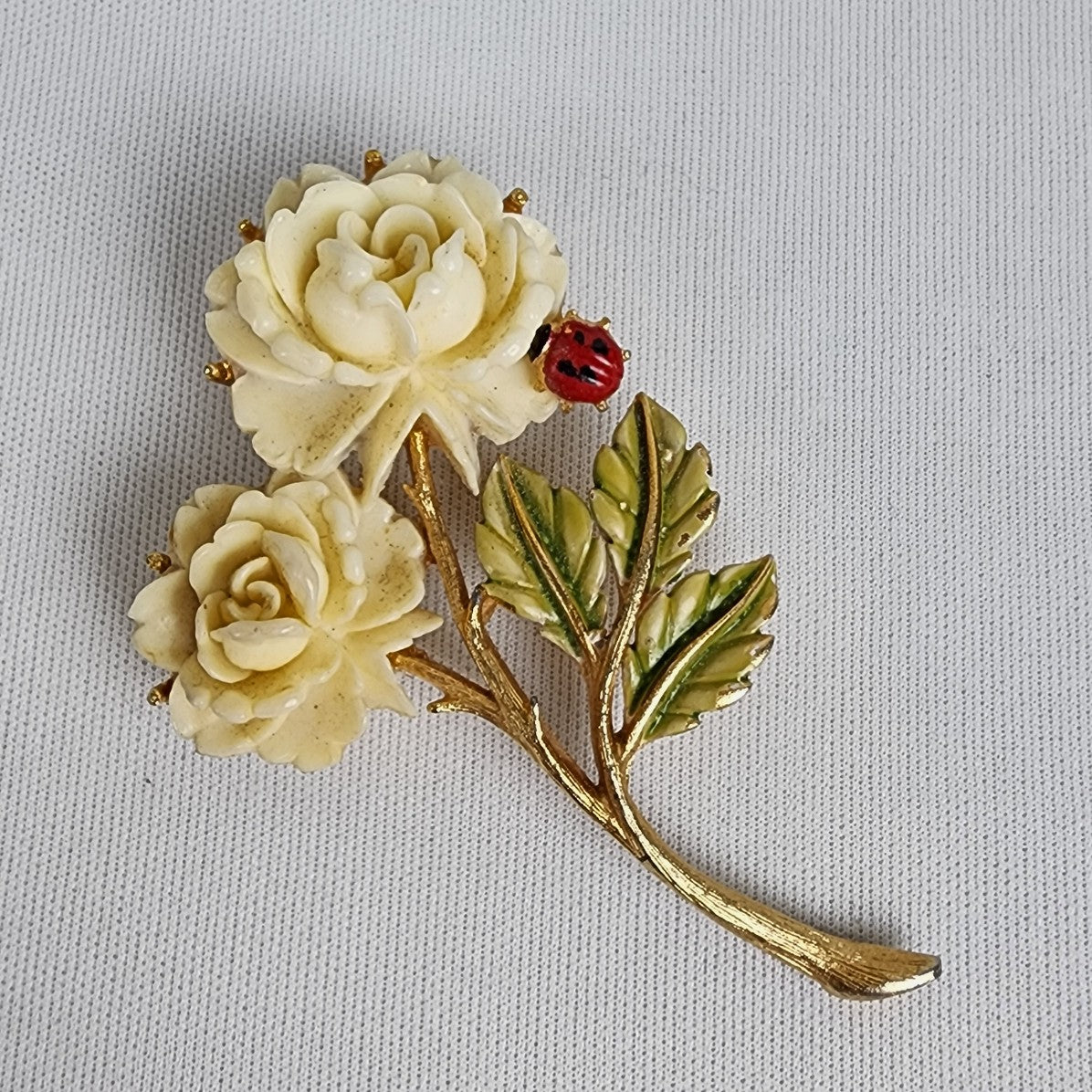 Vintage JJ Gold Tone White Rose Ladybug Brooch