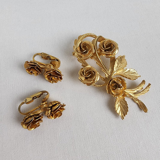 Vintage Gold Tone Rose Brooch & Clip On Earring Set