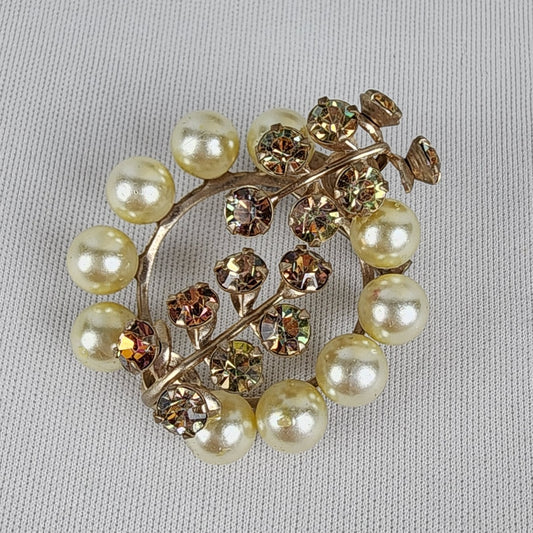 Vintage Gold Tone AB Rhinestones & Faux Pearl Brooch