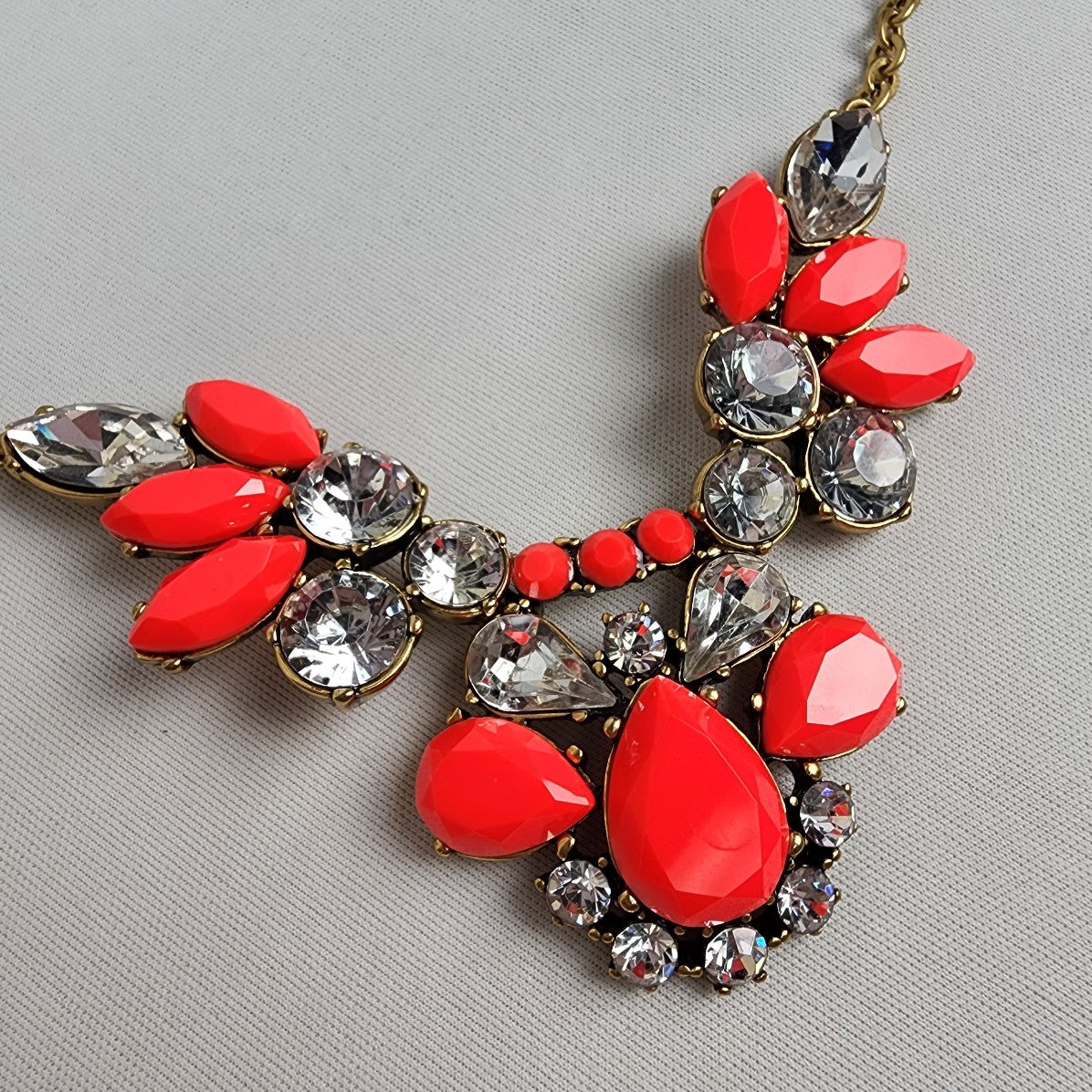 J. Crew Gold Tone Coral & Clear Rhinestones Statement Necklace