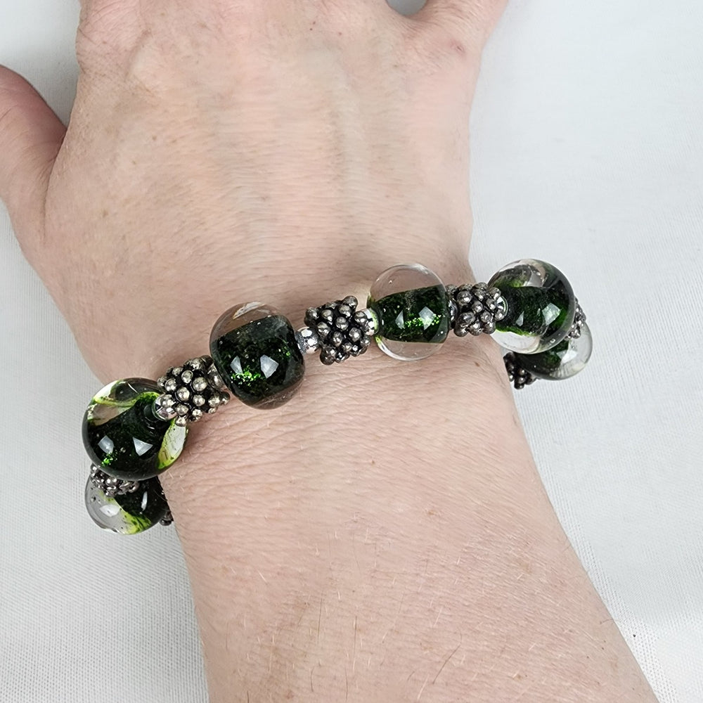 Silver Tone Green Glass Beaded Bracelet