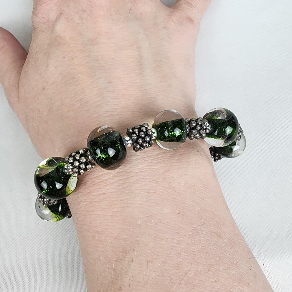 Silver Tone Green Glass Beaded Bracelet
