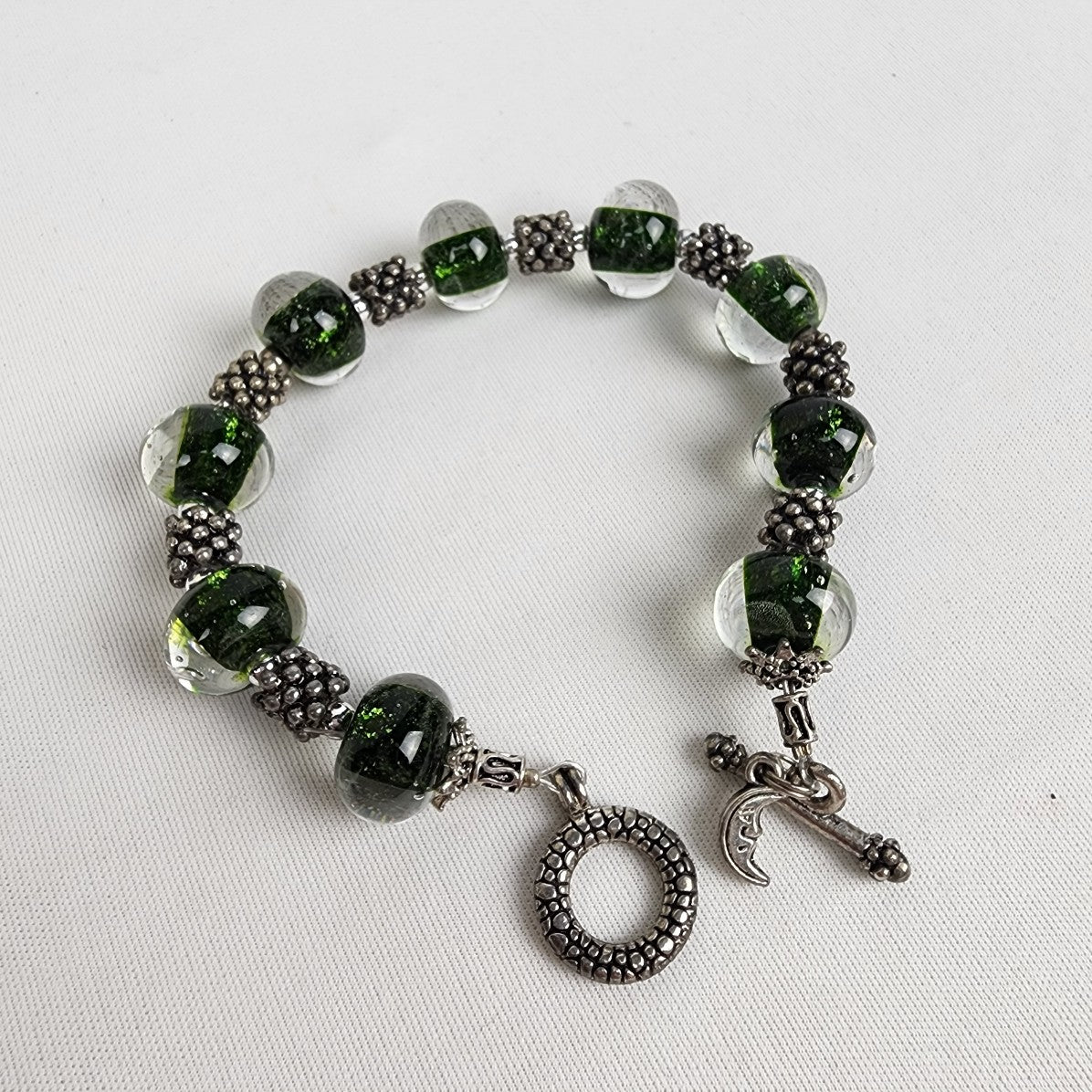 Silver Tone Green Glass Beaded Bracelet