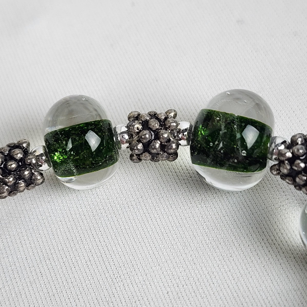 Silver Tone Green Glass Beaded Bracelet
