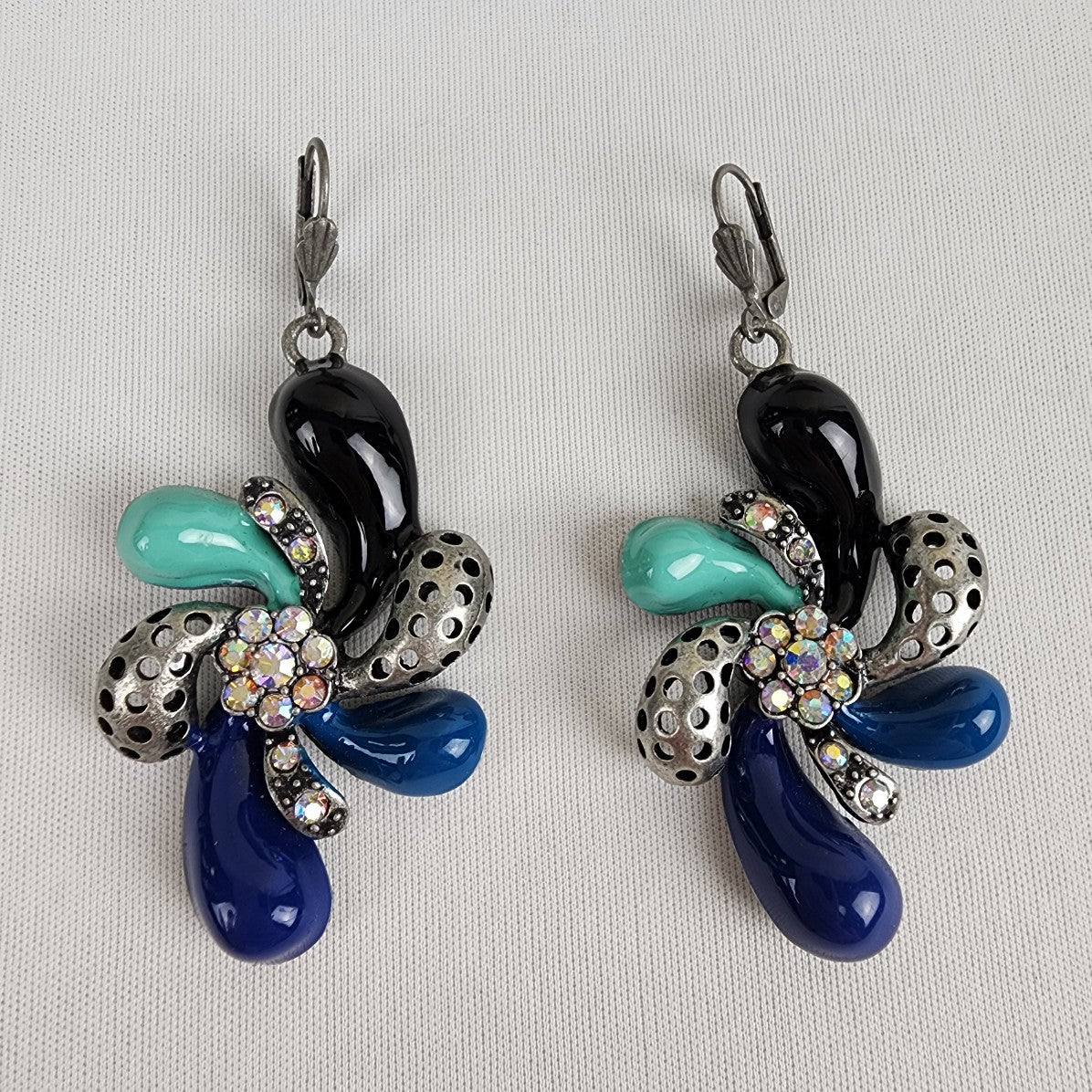 Blue & Silver Stones w/ Rhinestones Dangly Oversize Earrings