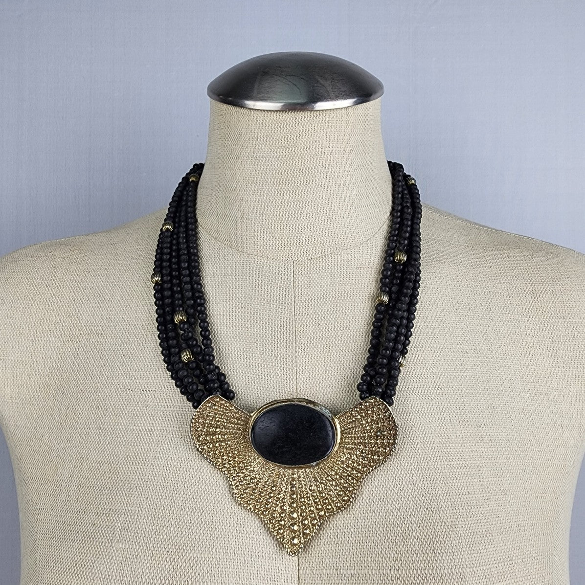 Vintage Gold & Black Beaded Statement Necklace