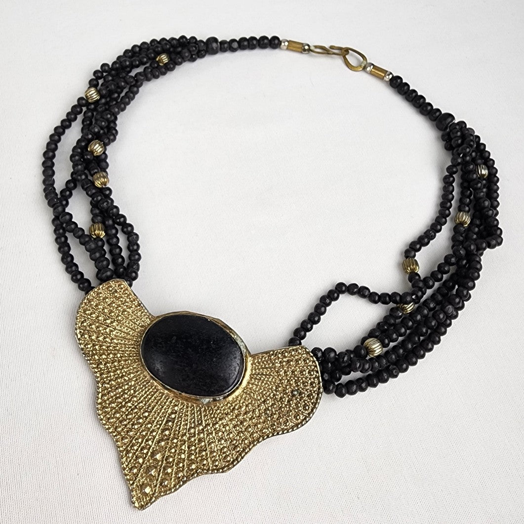 Vintage Gold & Black Beaded Statement Necklace