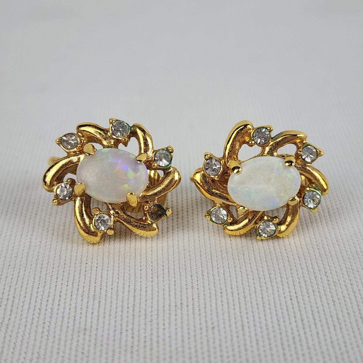 Vintage Gold Plated Opal Crystal Clip On Earrings