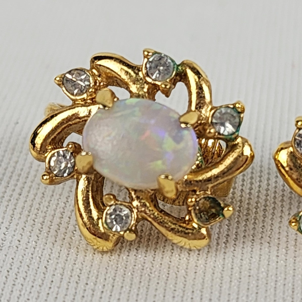 Vintage Gold Plated Opal Crystal Clip On Earrings