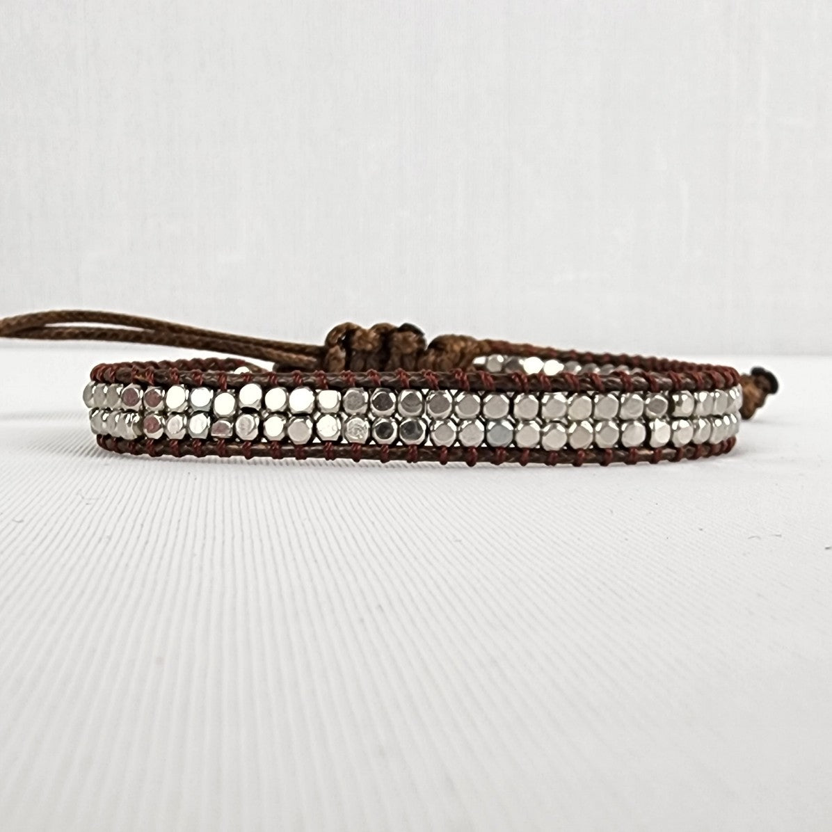 Victoria Emerson Silver Beaded Chocolate Brown Cord Adjustable Bracelet